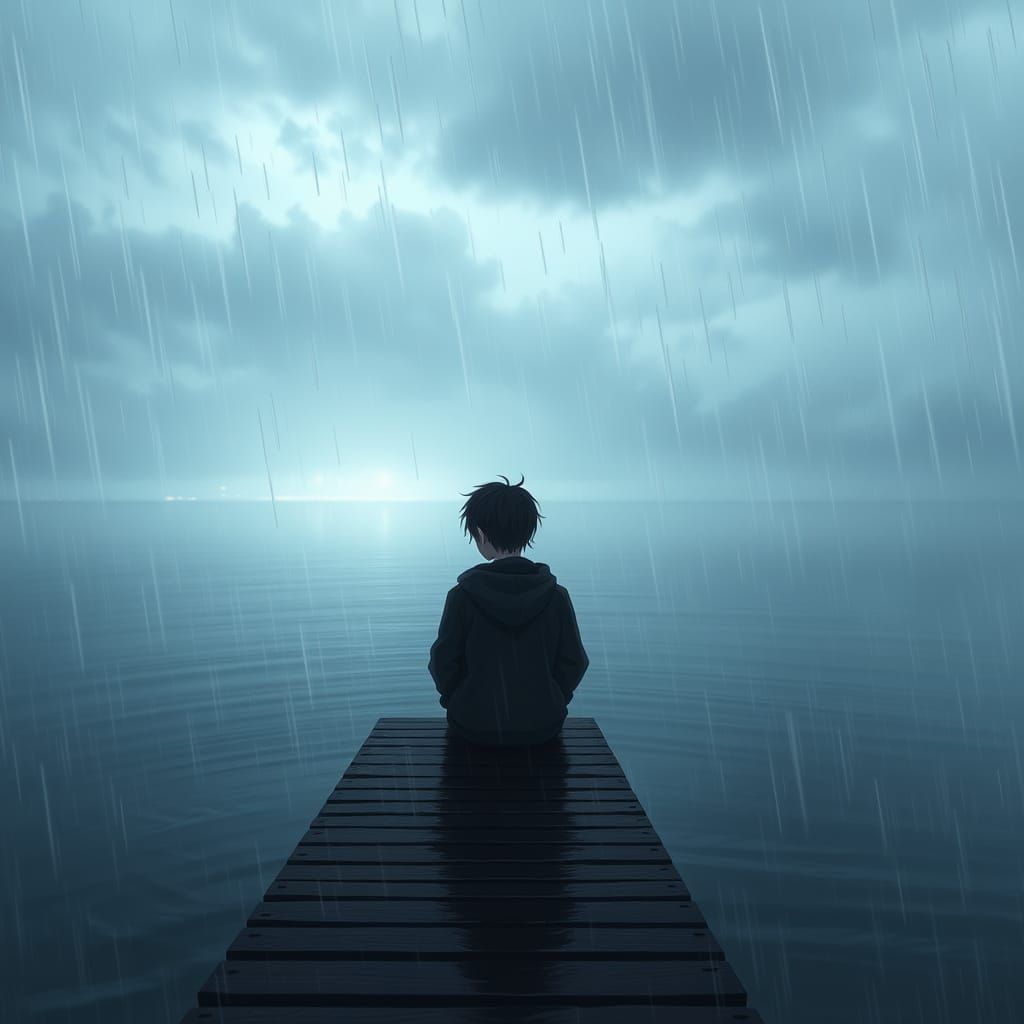 Melancholic Boy on Rainy Pier in Anime Style