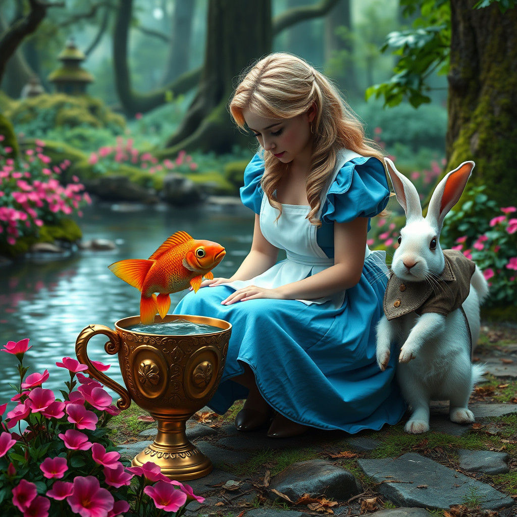 Alice in Wonderland by River, Hyperrealistic Fantasy Scene