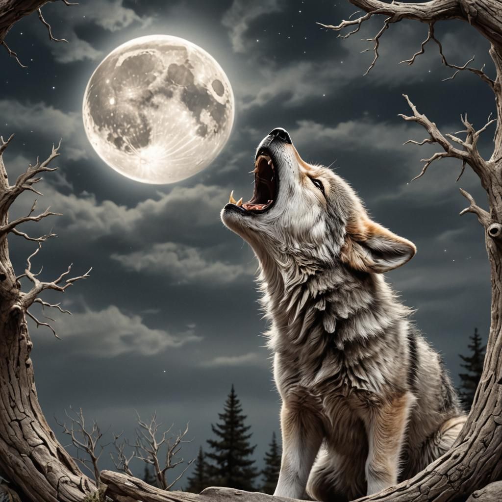Baby Wolf Howling at Moon in Hyperreal Detail
