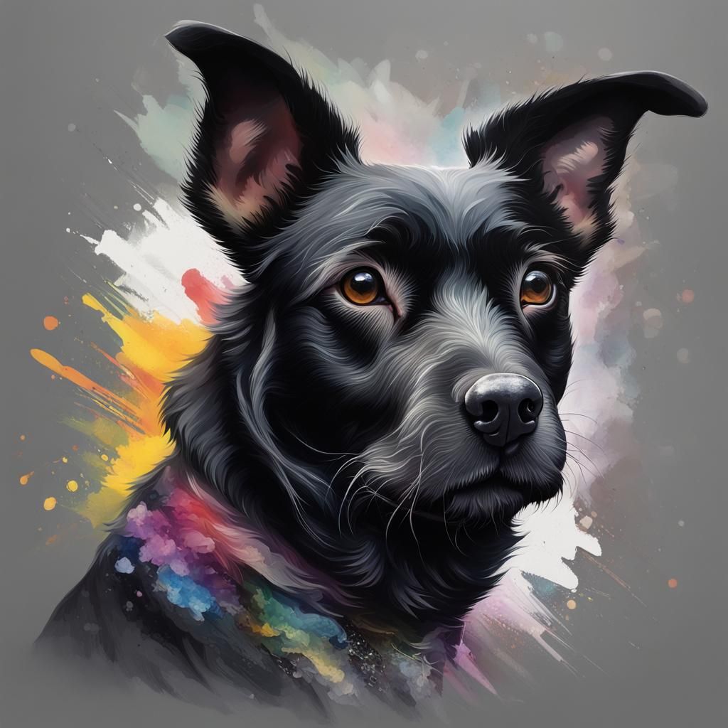 Hyperrealistic Black Dog with Big Ears in Splash Art