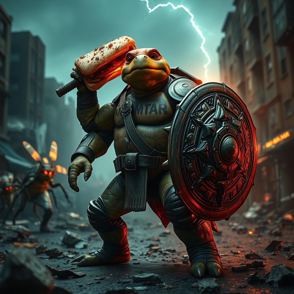 Heroic Turtle Warrior vs. Cockroach Monsters