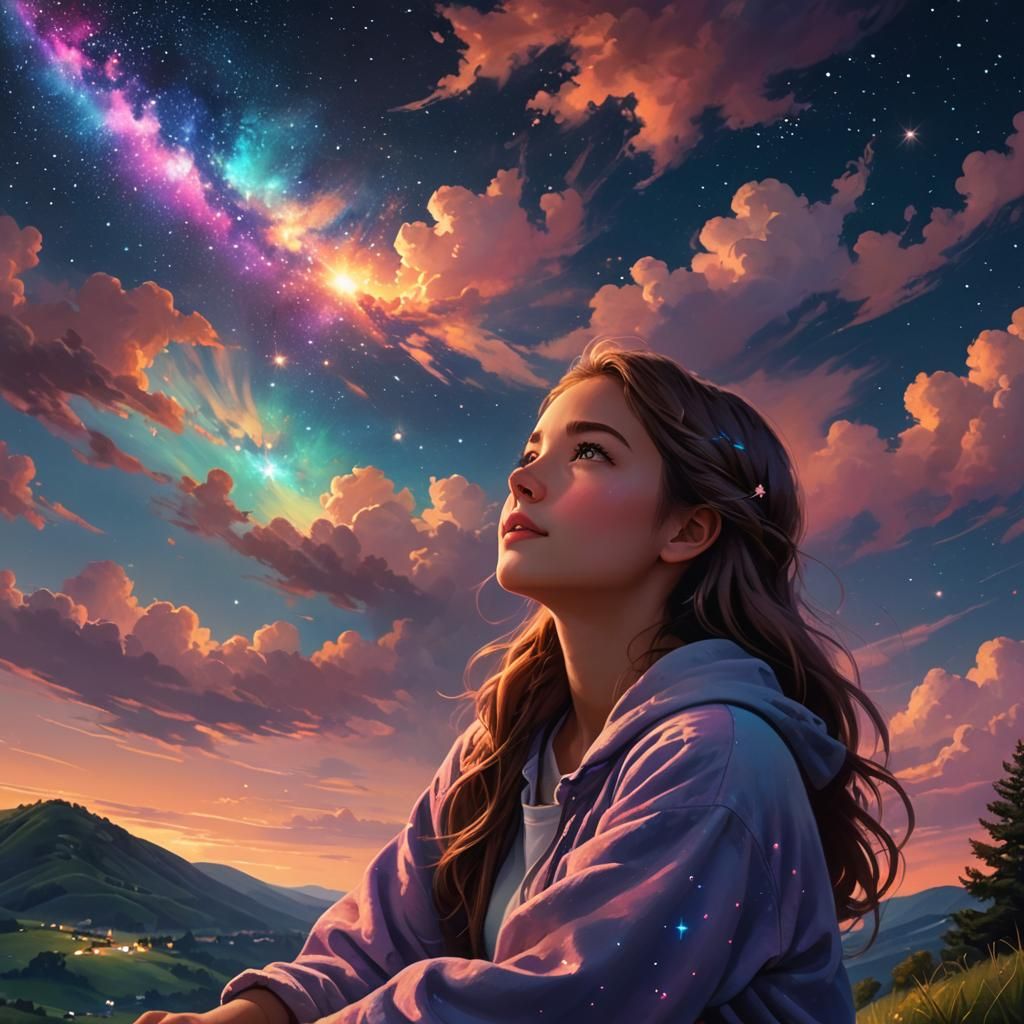 Girl Gazing at Stars in Digital Art