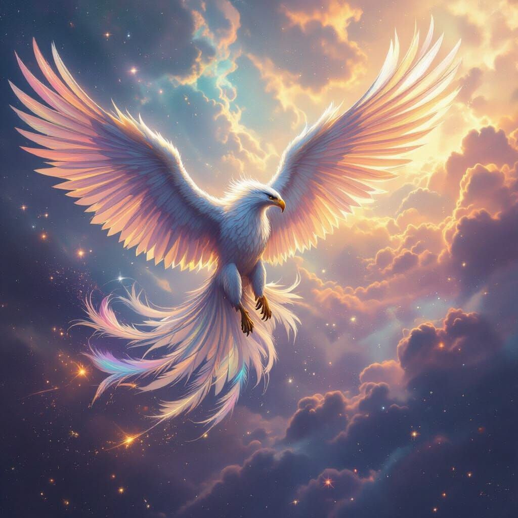 Griffin Soaring Through Nebula in Vibrant Fantasy Style