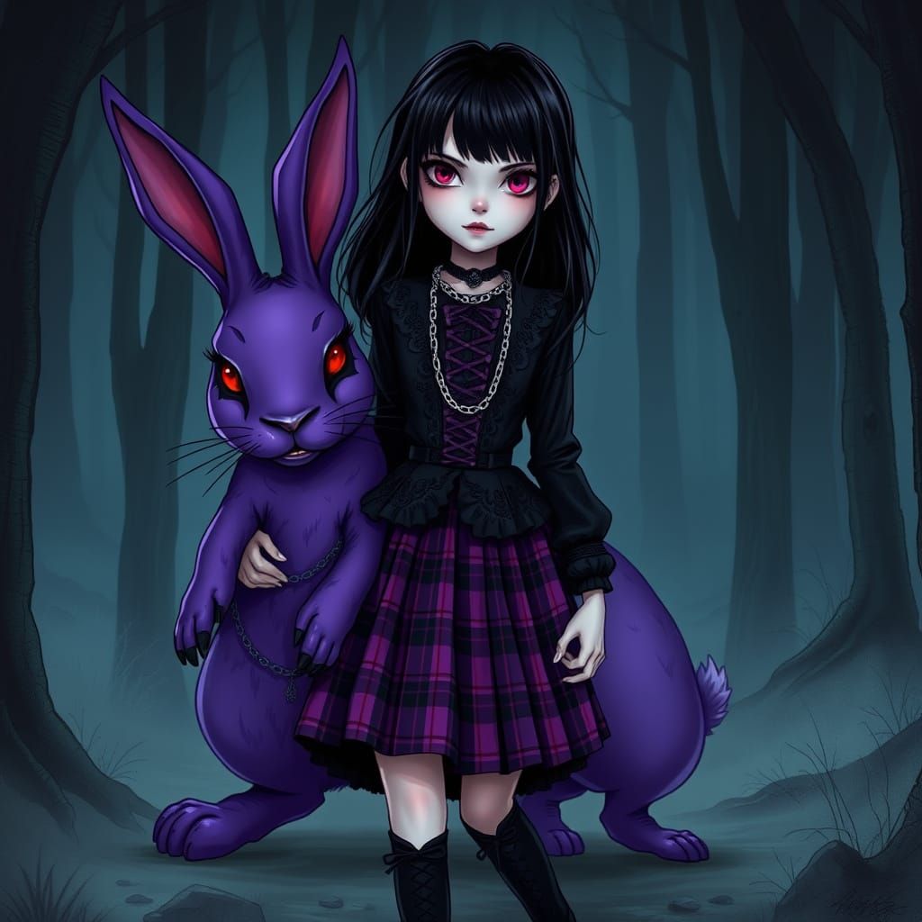 Ethereal Goth Girl in Whimsical Purple Plaid with Majestic R...