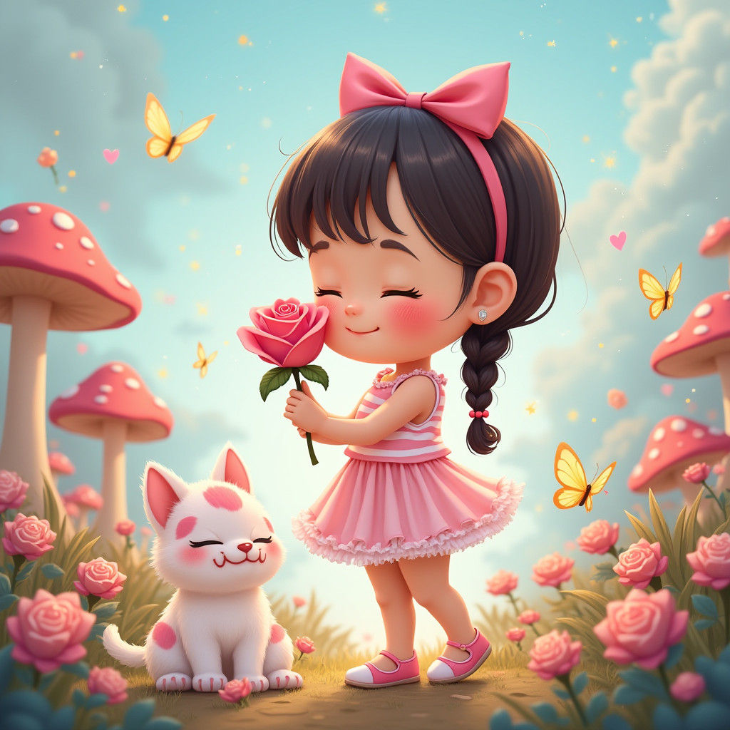 Chibi Girl with Kitty in Whimsical Garden, Digital Art