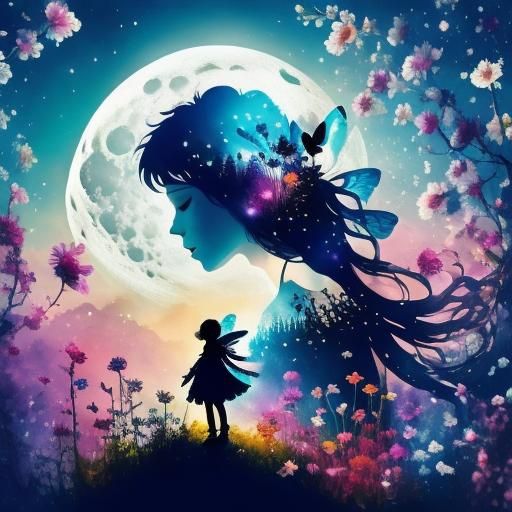 Moonlit Fairy Silhouette Double Exposure Art