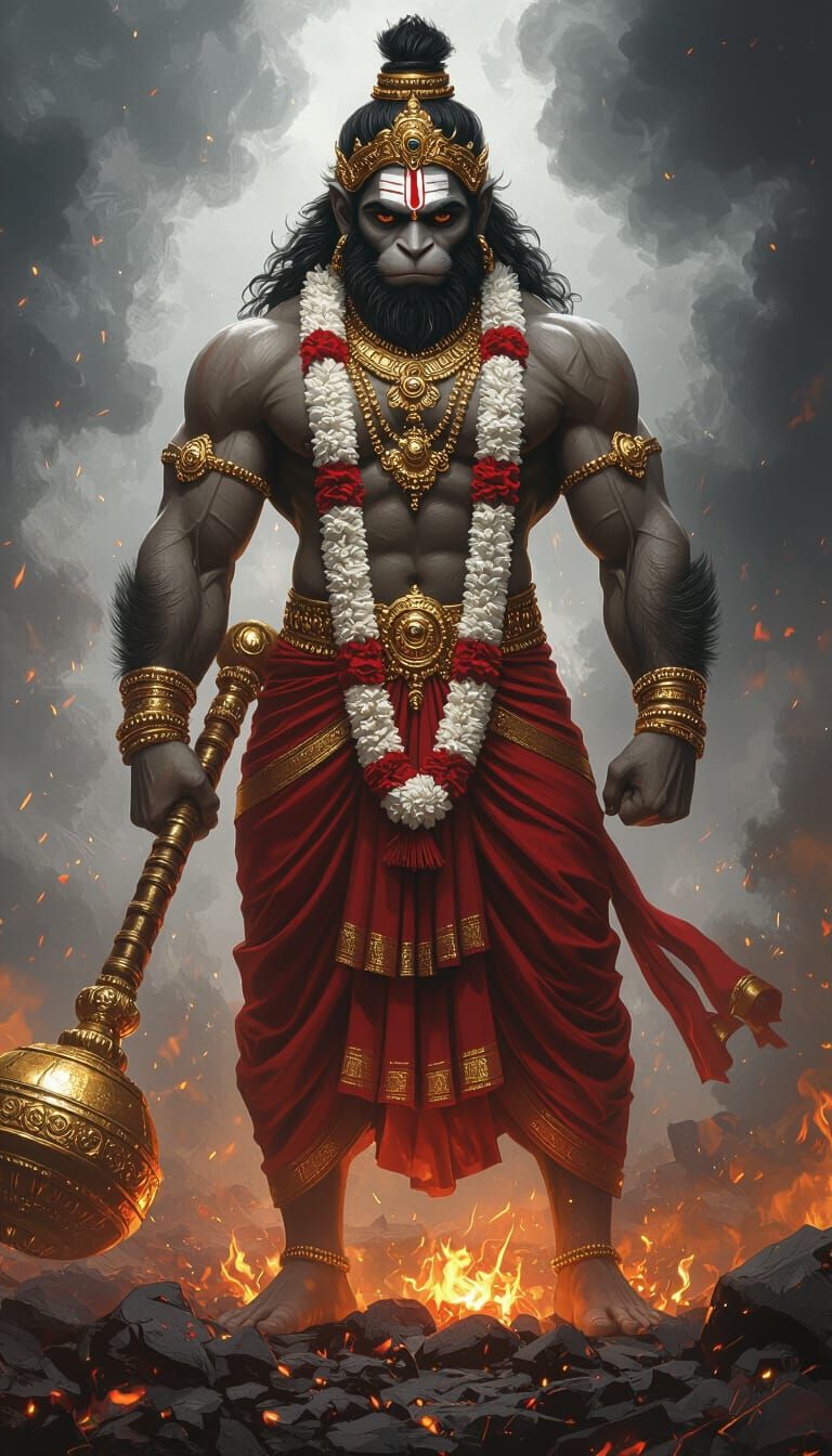 Lord Hanuman on Battlefield in Epic Fantasy Style