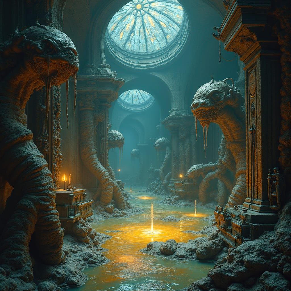 Ornate Alchemical Chamber with Biomechanical Machinery