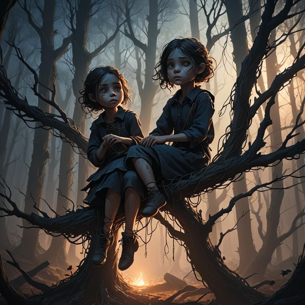 Eerie Puppet Girl in Dark Fantasy Forest