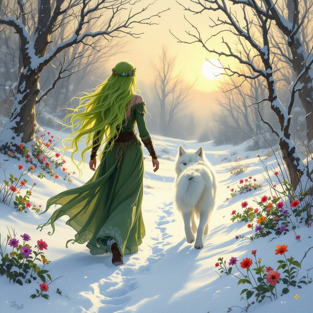 Dryad and Wolf in Snowy Landscape with Blooming Flowers