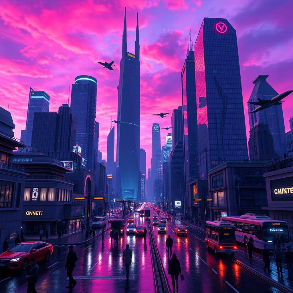 Futuristic Metropolis at Dusk in Electric Purple