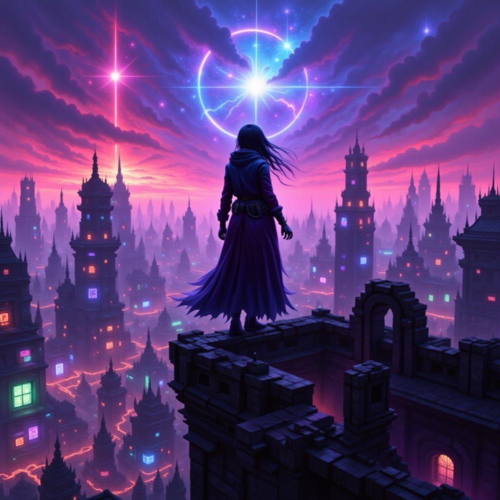Ninja Overlooking Neon Cyberpunk City at Ancient Castle