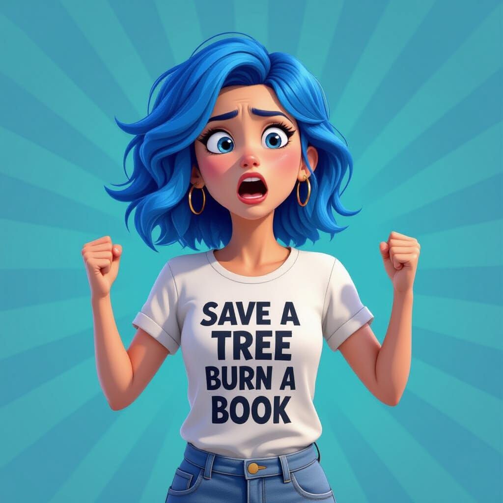Angry Blue-Haired Protester in 3D Digital Art