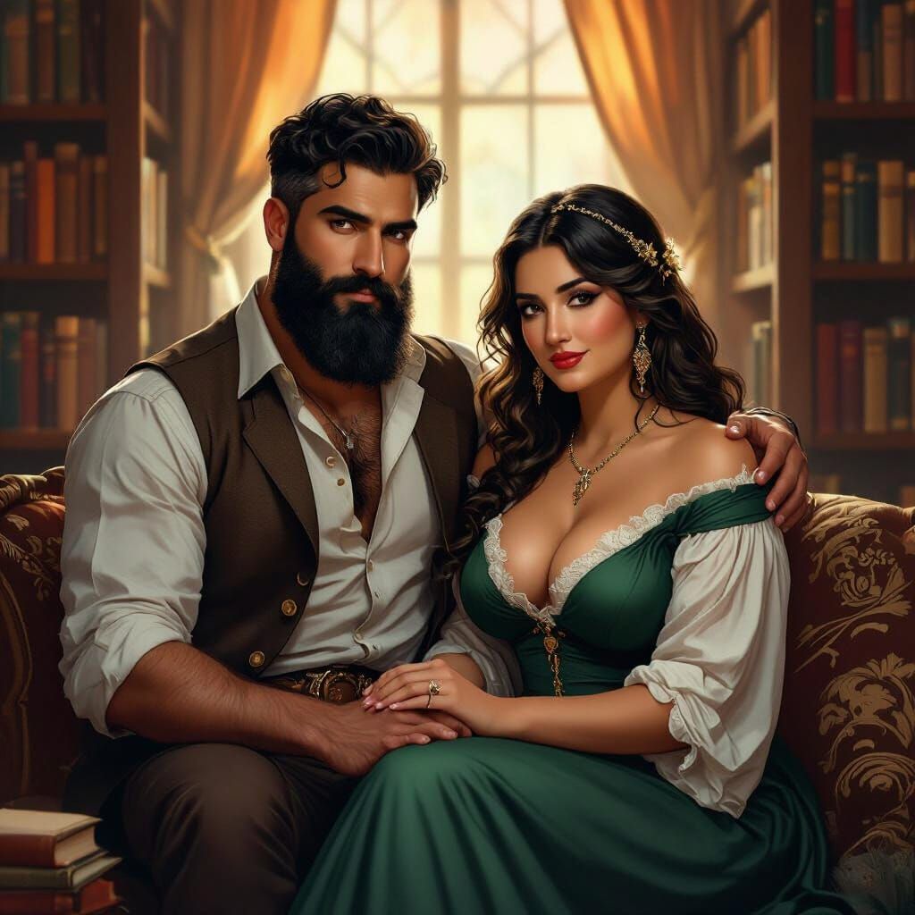 Cozy Library Scene in Art Nouveau Style