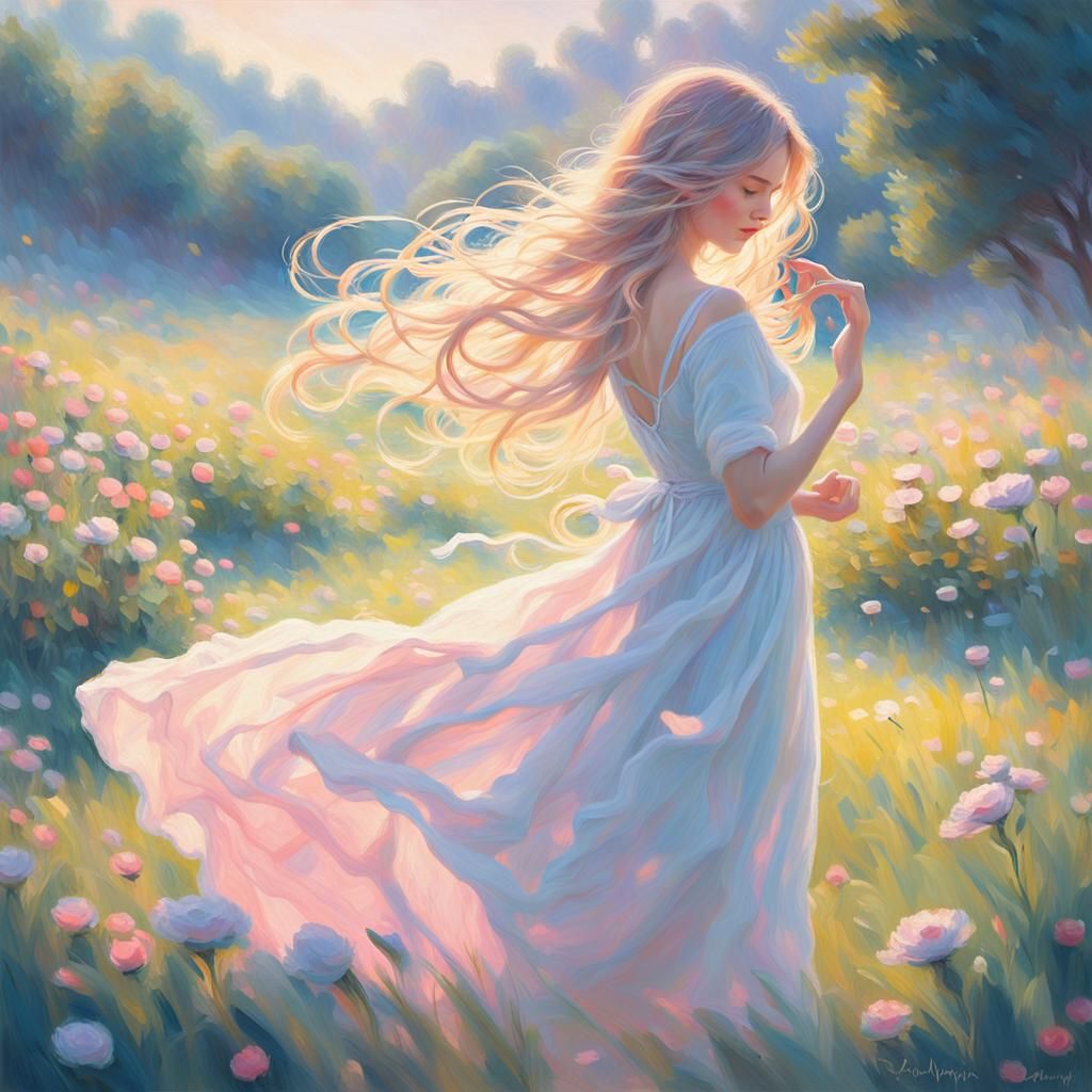 Woman in Meadow: Soft Impressionism in Pastel Colors