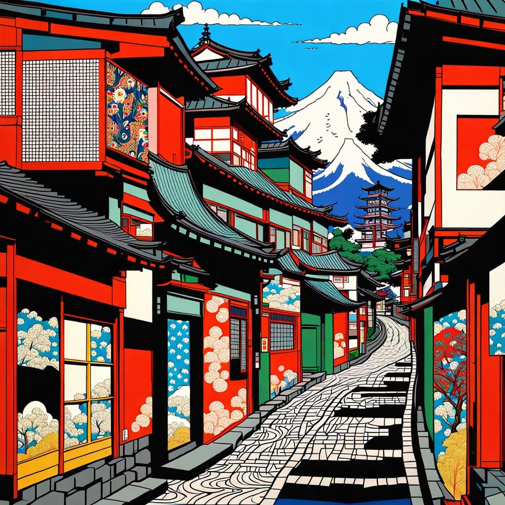 Vibrant Cityscape in Ukiyo-e Pop Art Fusion