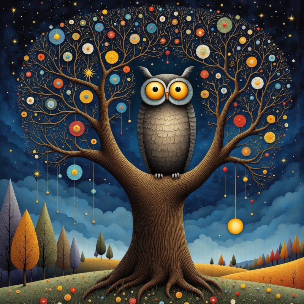 Surreal Owl in Tree with Kintsugi Bouquet