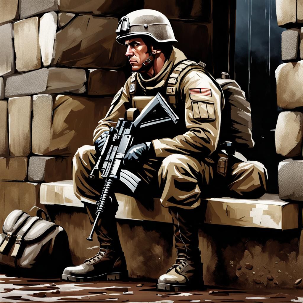 Tired Soldier Resting in Rainy Eastern Village