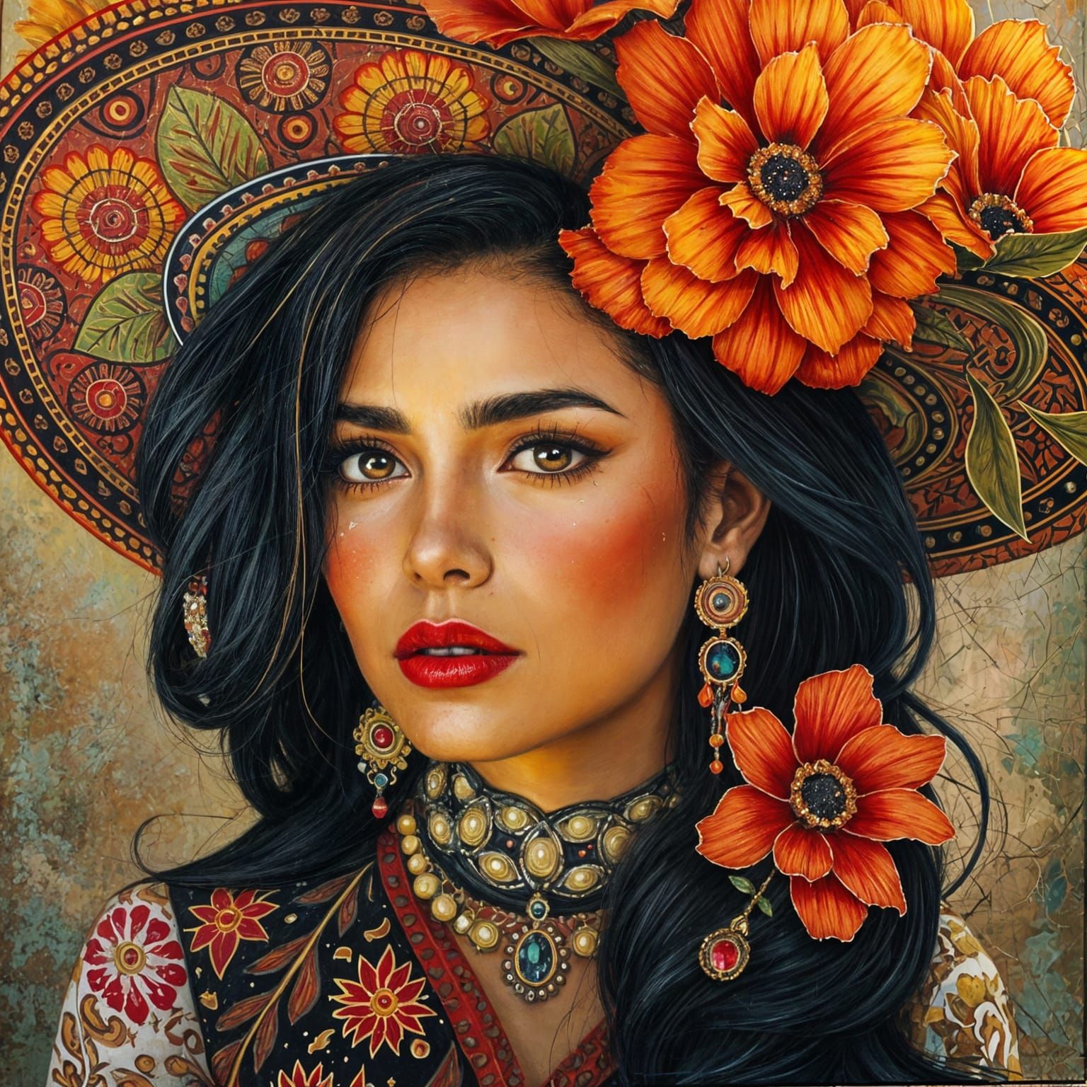 Sensual Latino Woman in Vibrant, Eclectic Attire