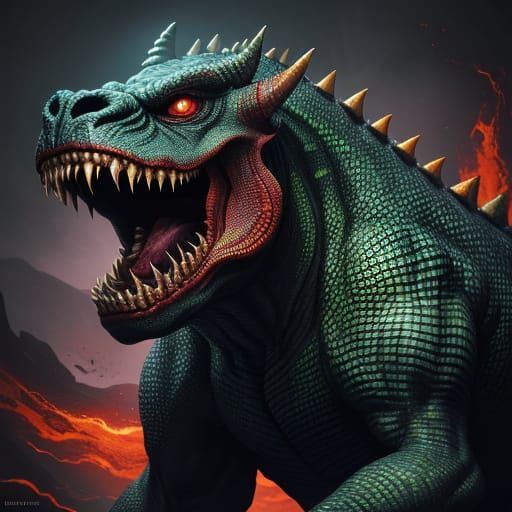 Vibrant, Glowing Monster in a Swirling Purple and Green Mist