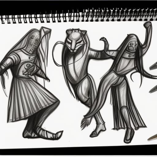 Dancing Medieval Beasts in Pencil Sketch Style