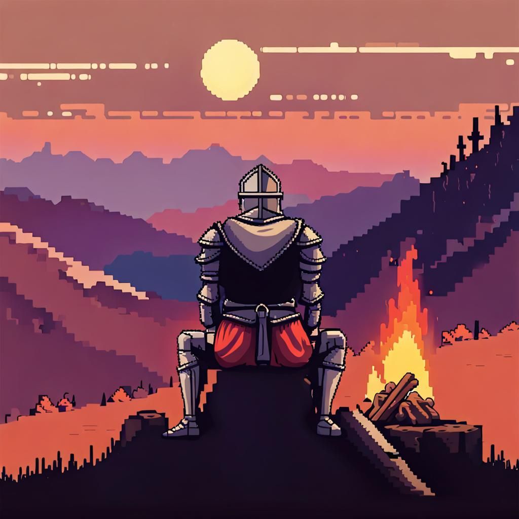 8-Bit Knight Contemplates Hillside Campfire