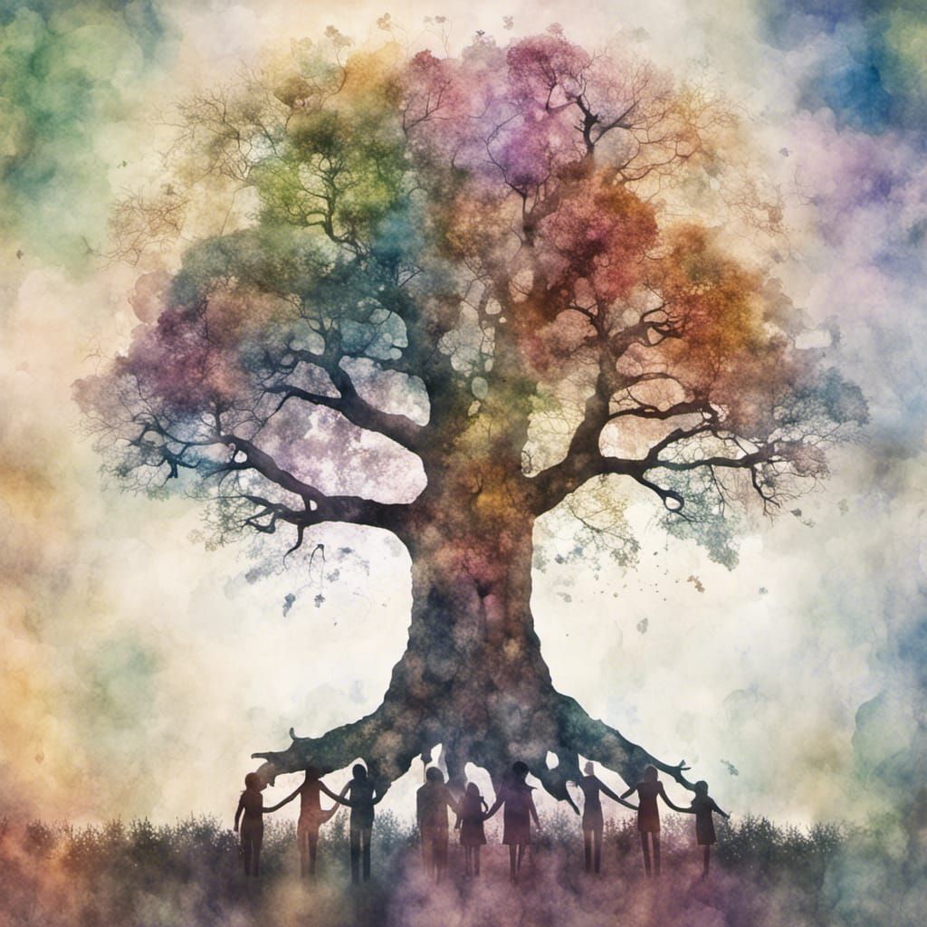 Crowd Around Ancient Tree: Double Exposure Splash Art