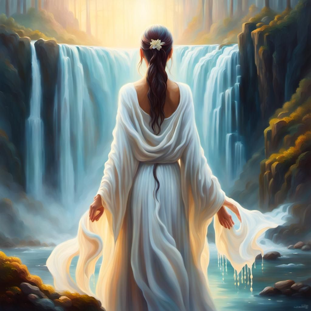 Surreal Woman at Waterfall in Dreamlike Oil Painting