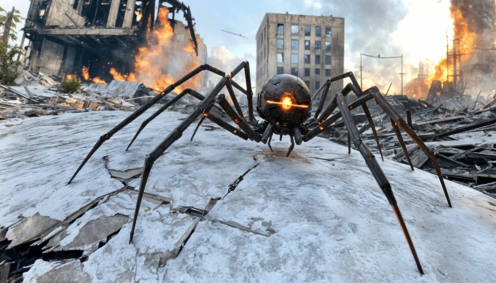 Giant Spider Robot in Destroyed Cityscape