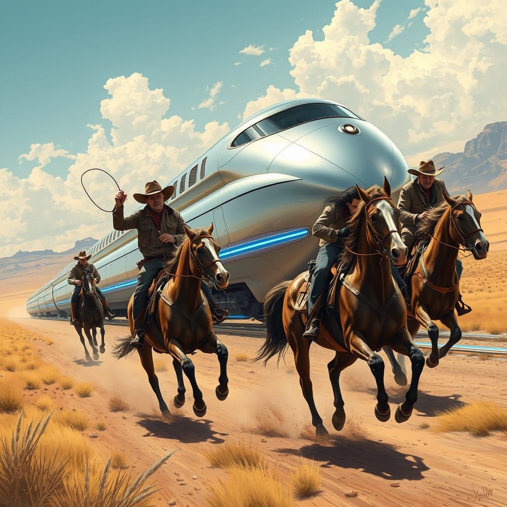 Cowboys Chase Futuristic Train Across Open Prairie