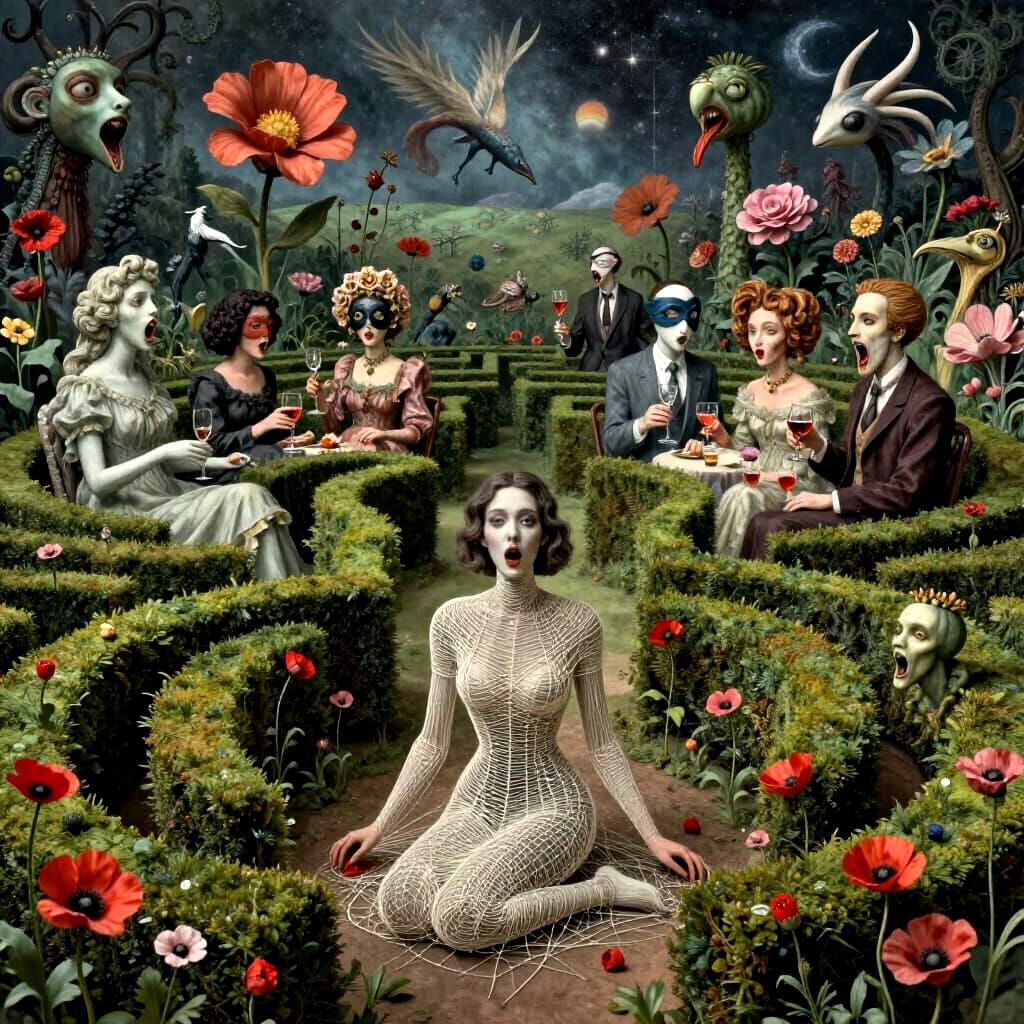 String Woman in Haunted Hedge Maze with Screaming Statues