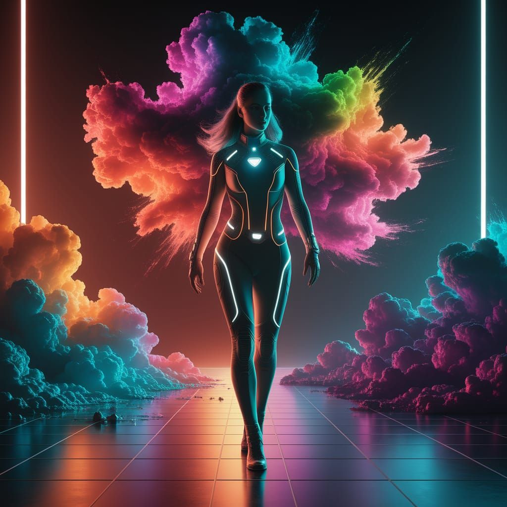 Woman in Fluorescent Sci-Fi Suit Before Nebula Clouds