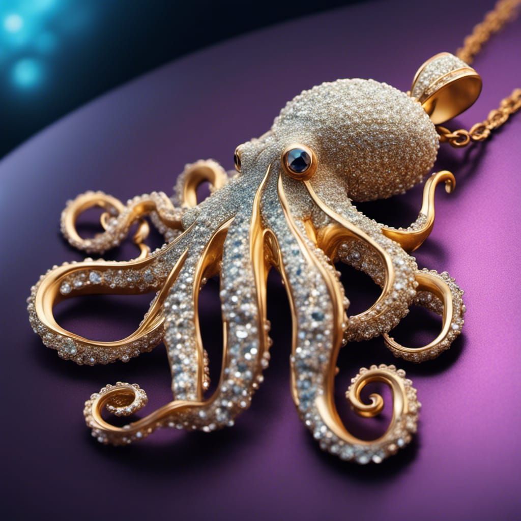 Diamond and Gold Octopus Pendant in Hyperrealistic Style
