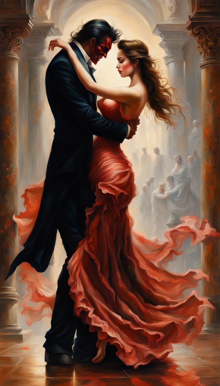 Elegant Woman Waltzing with Demon in Hyperdetailed Painting