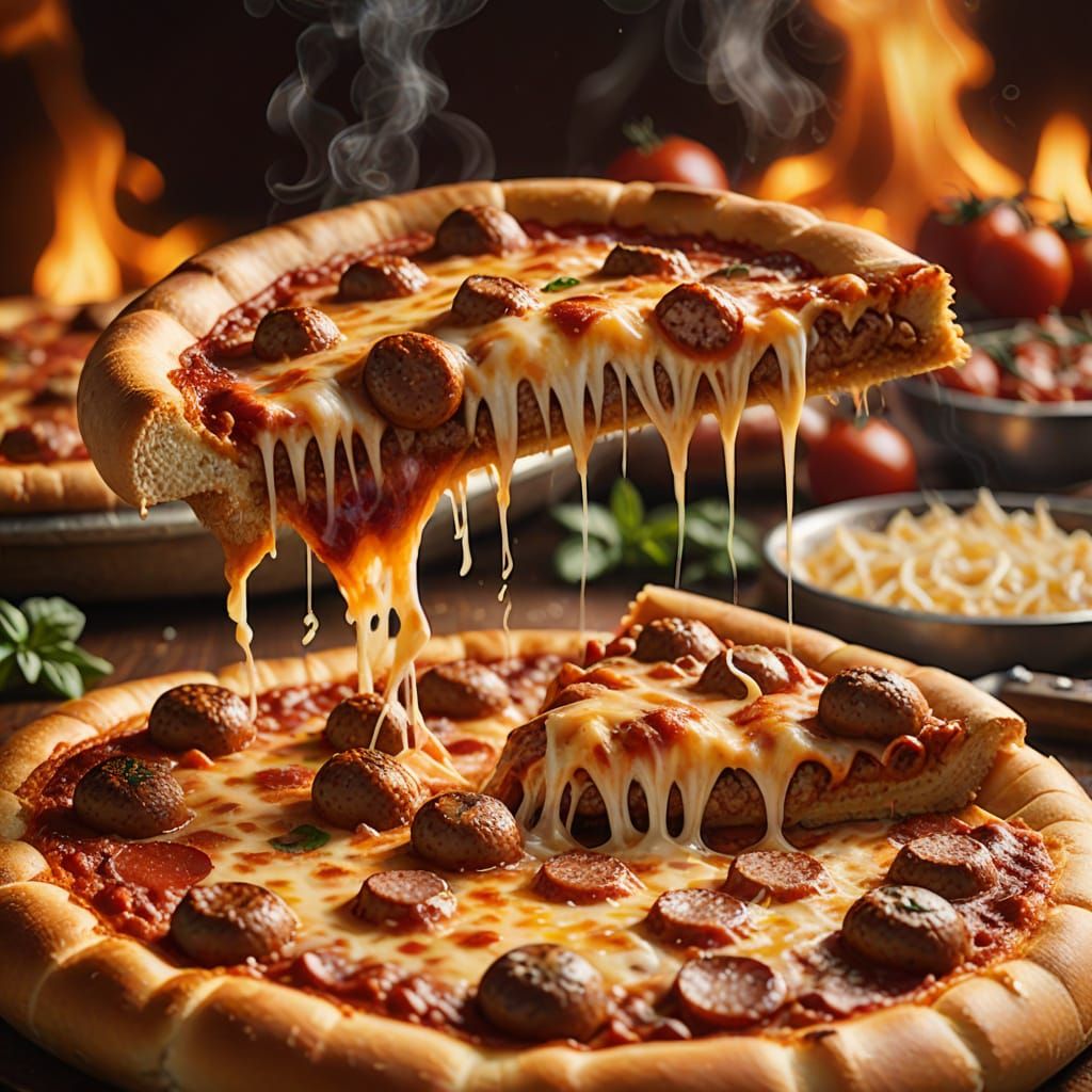 Sausage and Pepperoni Deep Dish Pizza in Kinkade Style