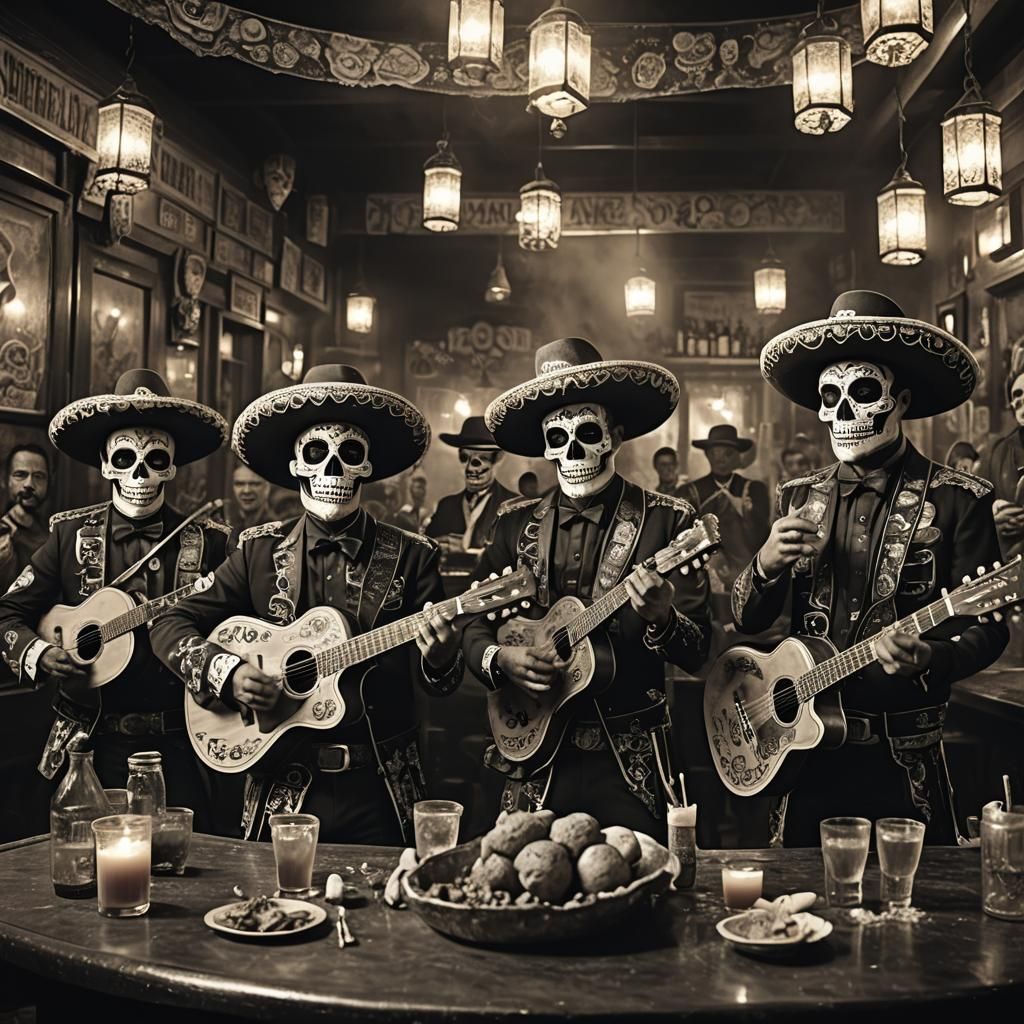 Sugar Skull Mariachi Band in Smoky Bar, Fantasy Art