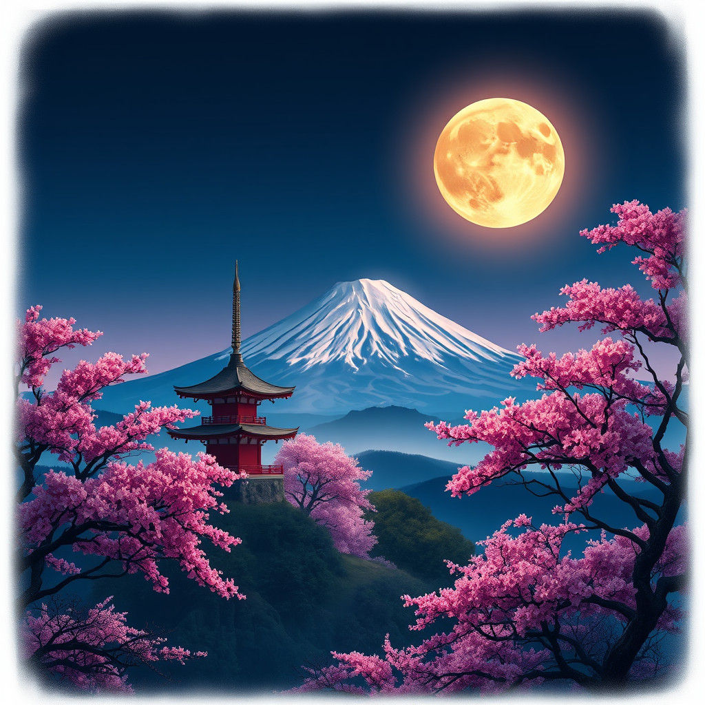 Mount Fuji Under Full Moon with Sakura Trees