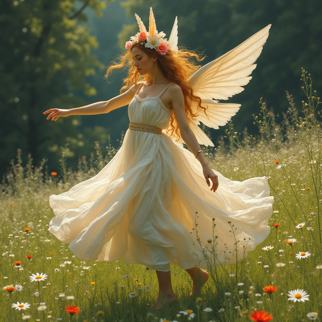 Floral Centaur Dances in Sunlit Meadow, Pre-Raphaelite Style