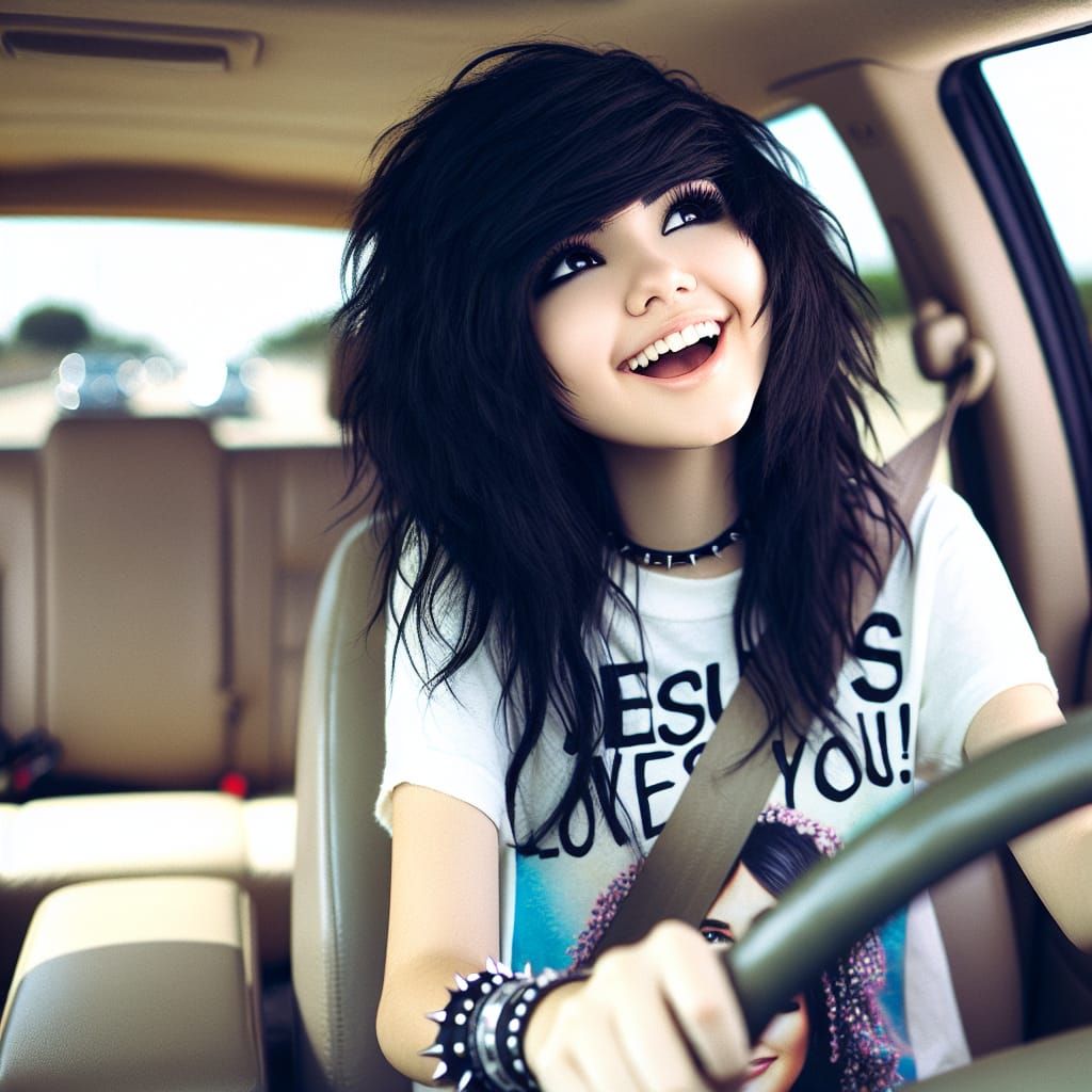 Emo Girl Smiles in Joyful Road Trip Moment