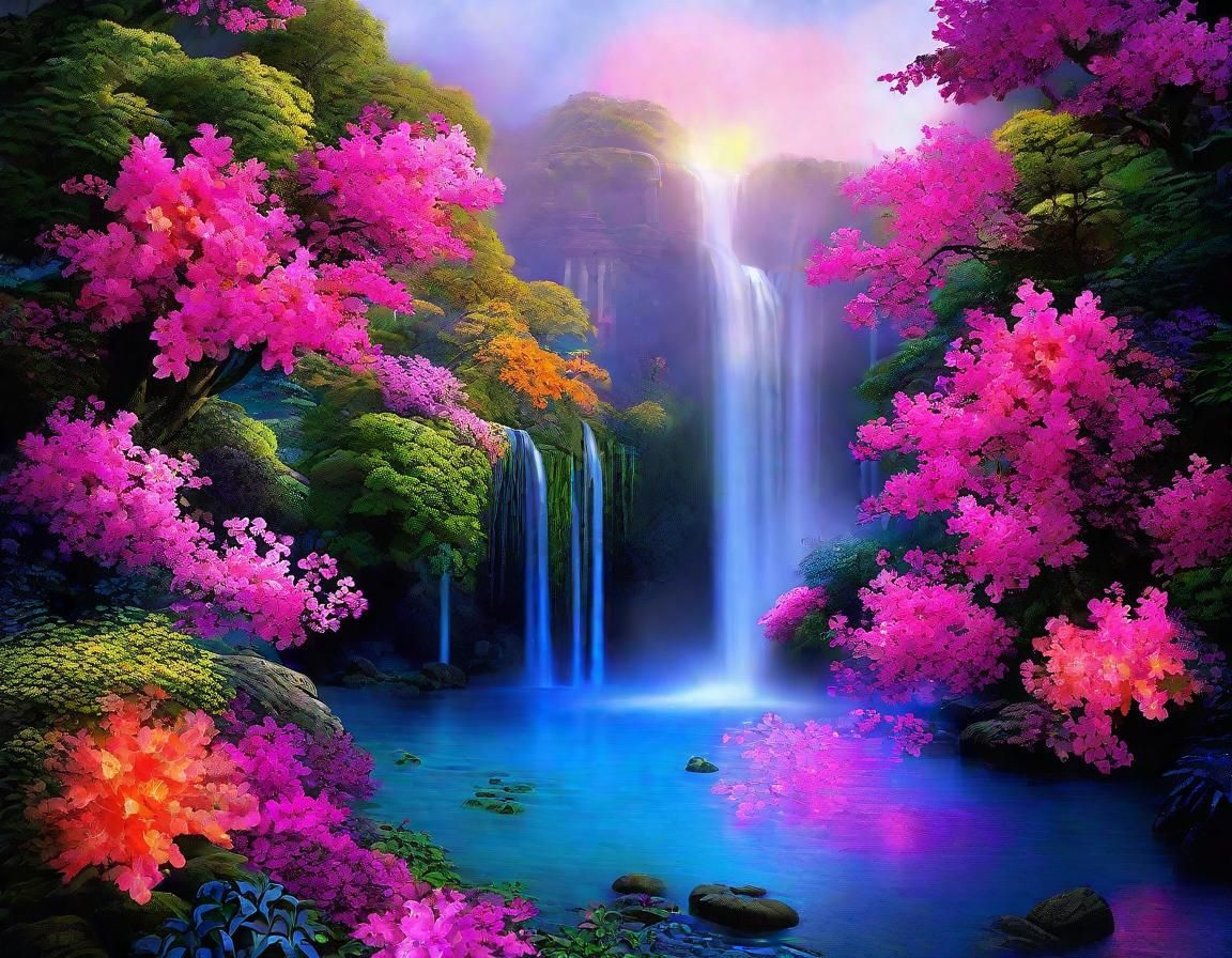 Colorful Xanadu Waterfall Aglow with Bioluminescent Light