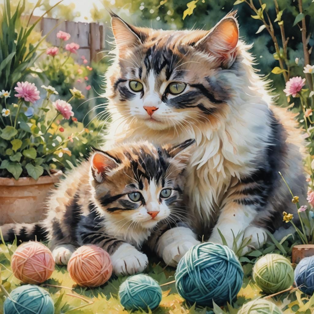 Pastel Watercolor Kitten and Mother Cat Portrait