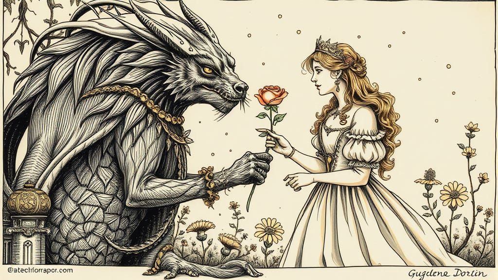 Romantic Creature Presents Rose to Enchanting Maiden in Whim...