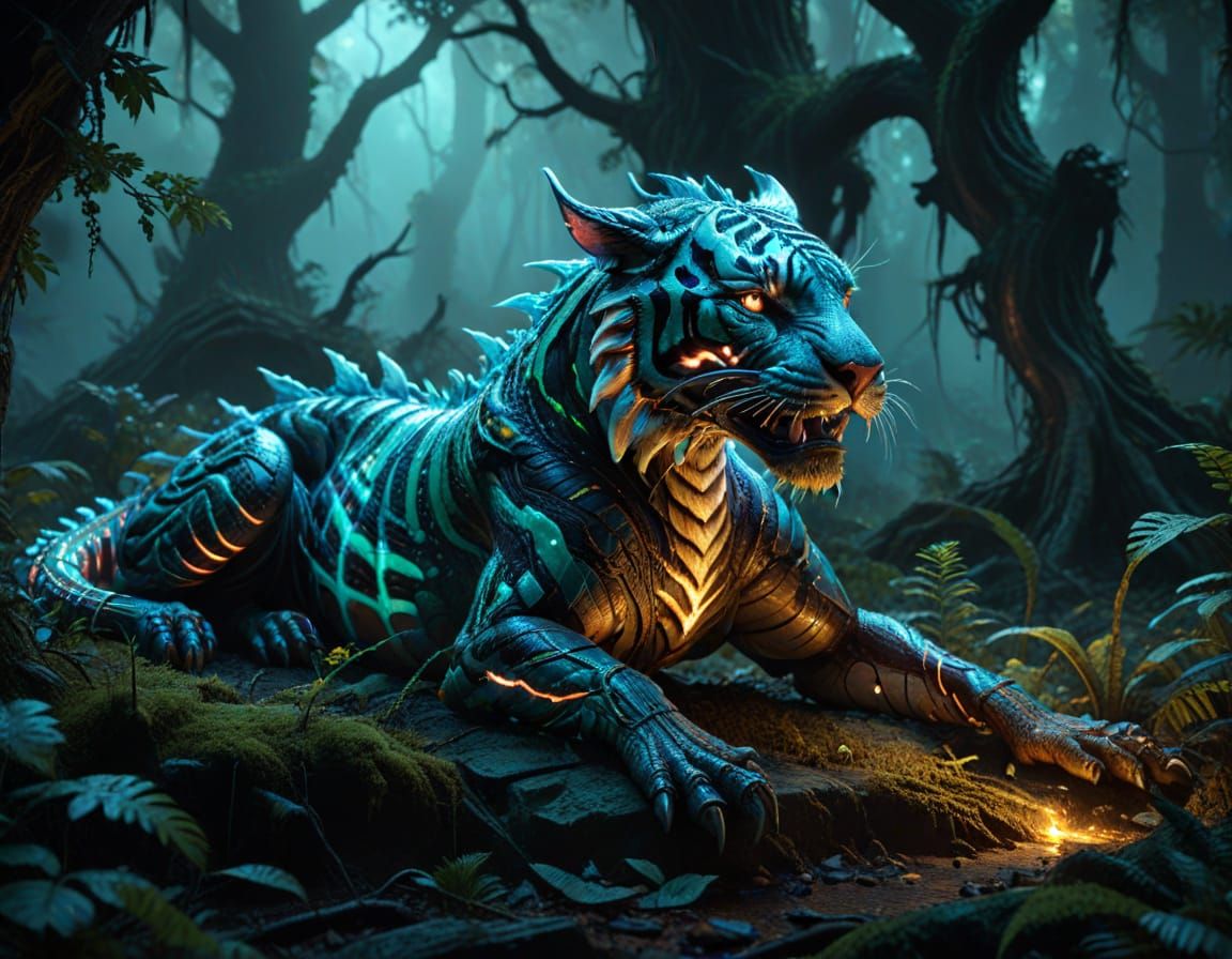 Surreal Dark Fantasy Dragon in Glowing Forest
