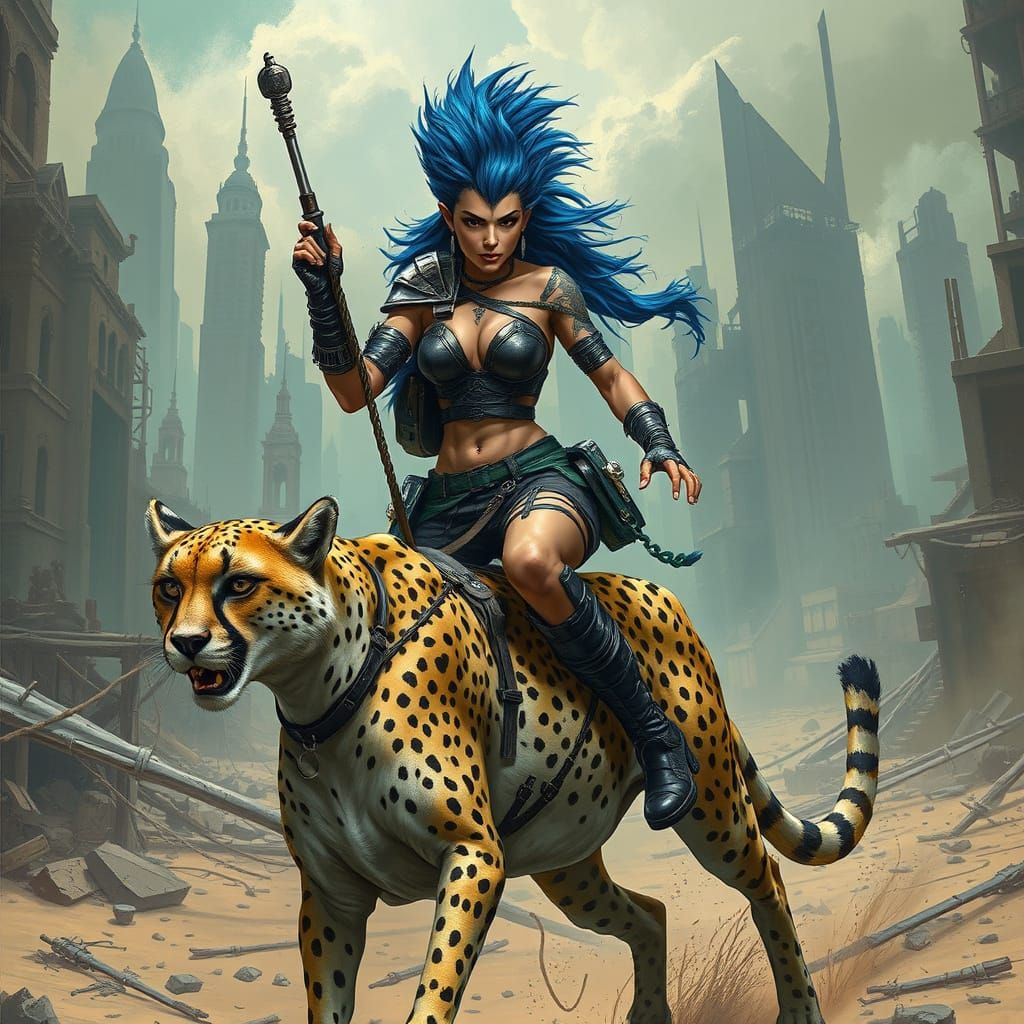 Amazon Warrior Rides Cheetah Through Ruined Cityscape