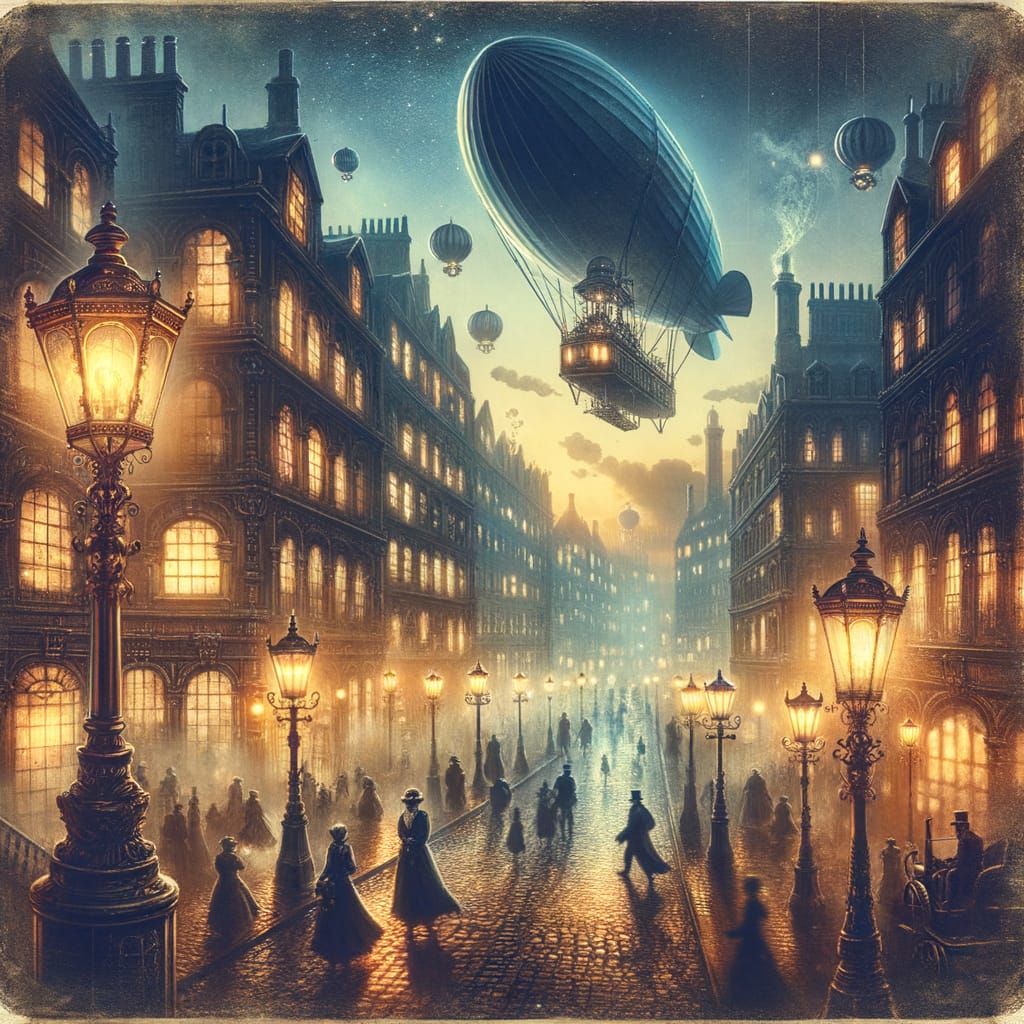 Steampunk City Street at Dusk with Dirigibles and Gas Lamps