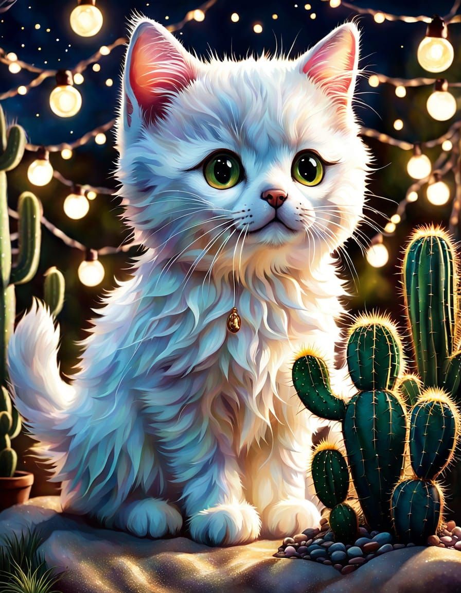 Marshmallow Kitten & Cactus Dog Play in Whimsical Watercolor