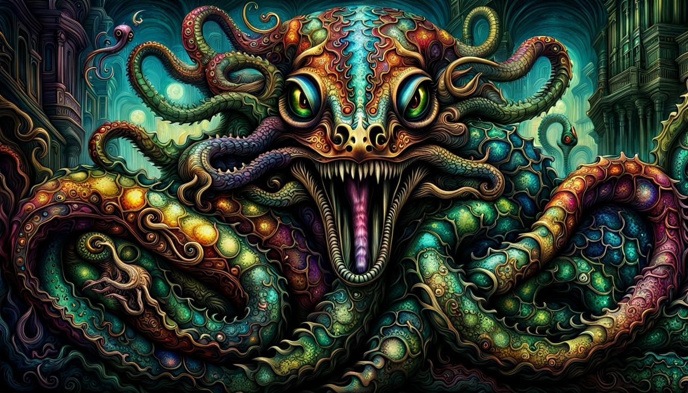 Steampunk Hydra with Iridescent Scales: Digital Illustration