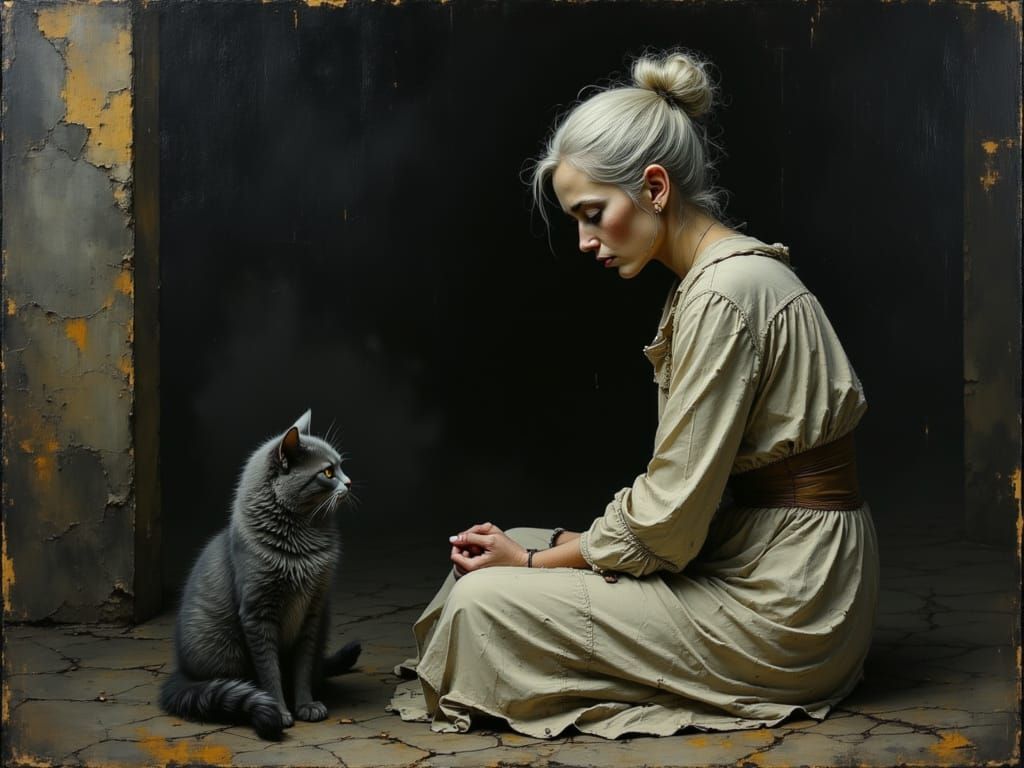Contemplative Transwoman and Cat in Somber Setting