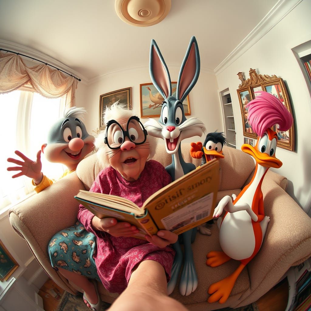 Looney Tunes Fisheye Selfie in Anime Style