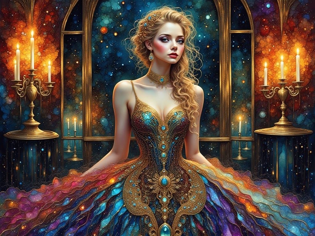 Woman in Jewel and Feather Gown in Candlelit Ballroom